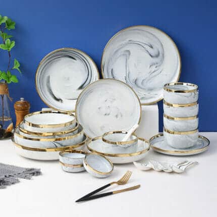 YS Keramik – Piring Makan Keramik Abu Marble Gold / Piring Emerald Keramik Lis Gold Mangkuk Keramik Abu Marble Gold Elegan